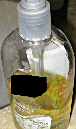 lumpy yellow microbial colonies growing on the soap inside of a hand-soap dispenser